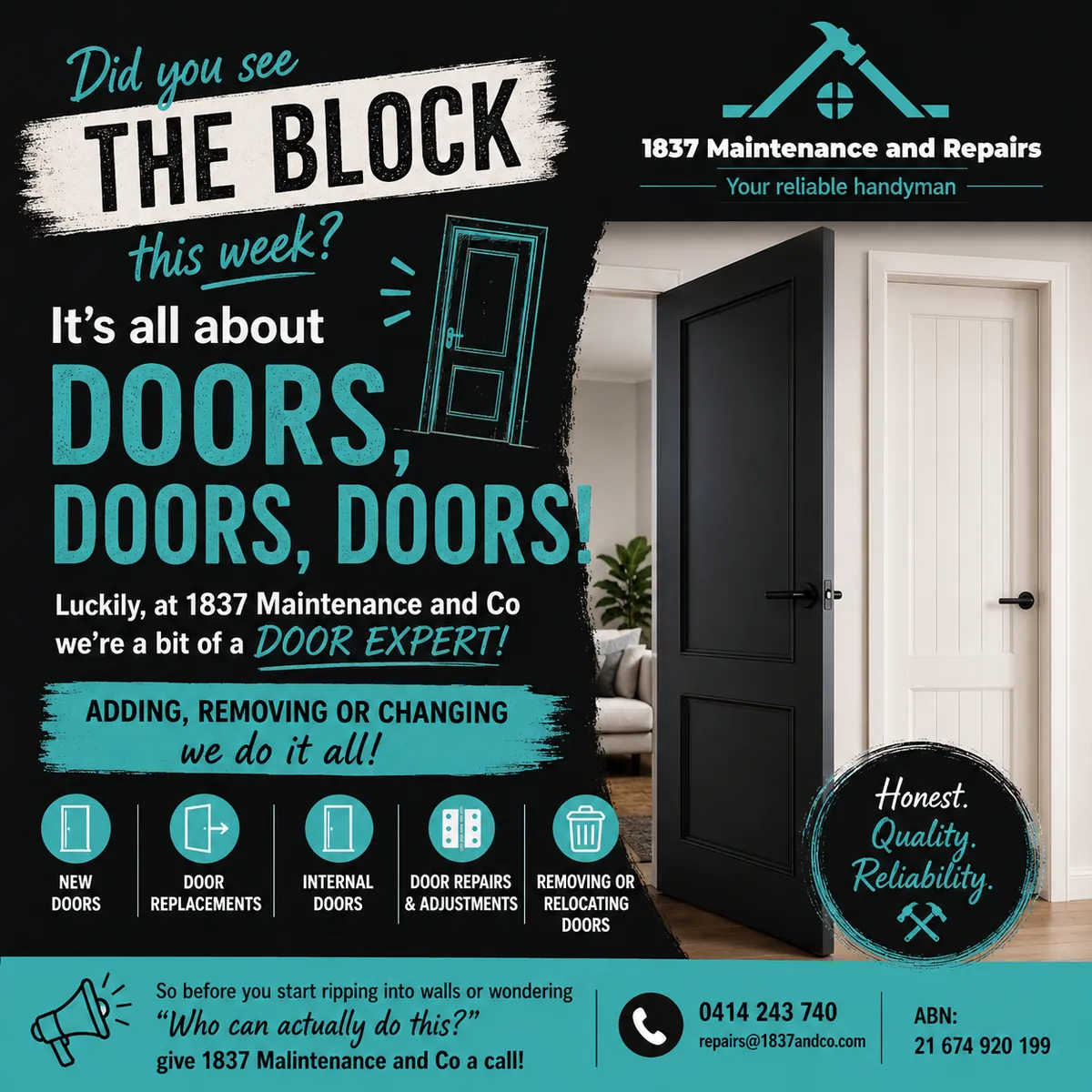 Advert: 'Doors, doors, doors!' New doors, replacements, internal doors, repairs, adjustments and relocating doors.